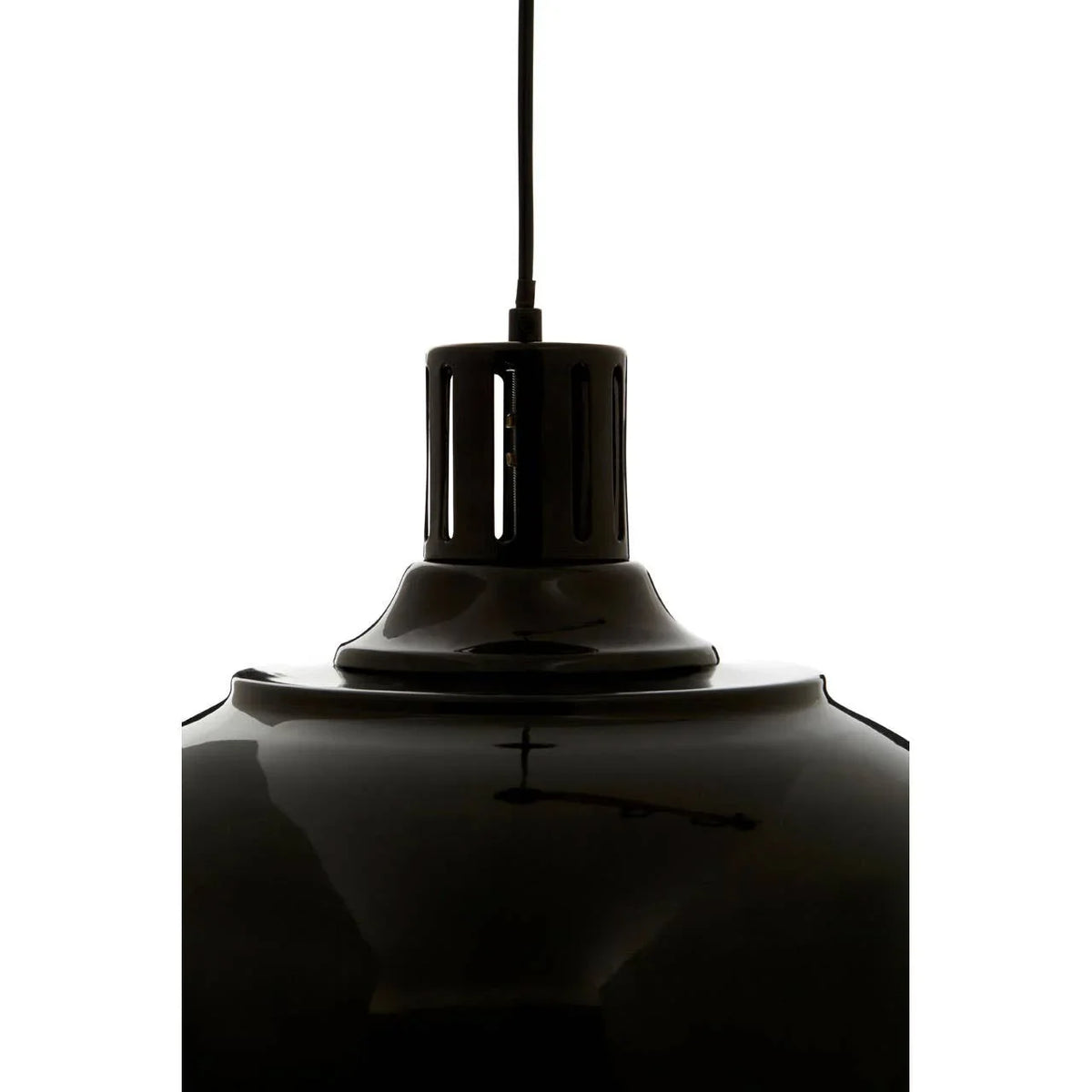 Glossy black pendant ceiling light with visible cord and metal vented fixture detail