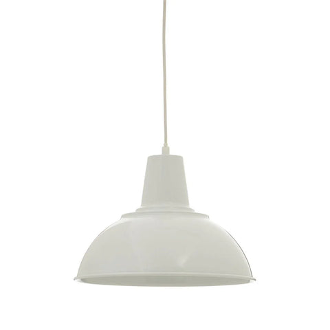 White metal pendant light with dome shade and exposed cord, suspended against white background