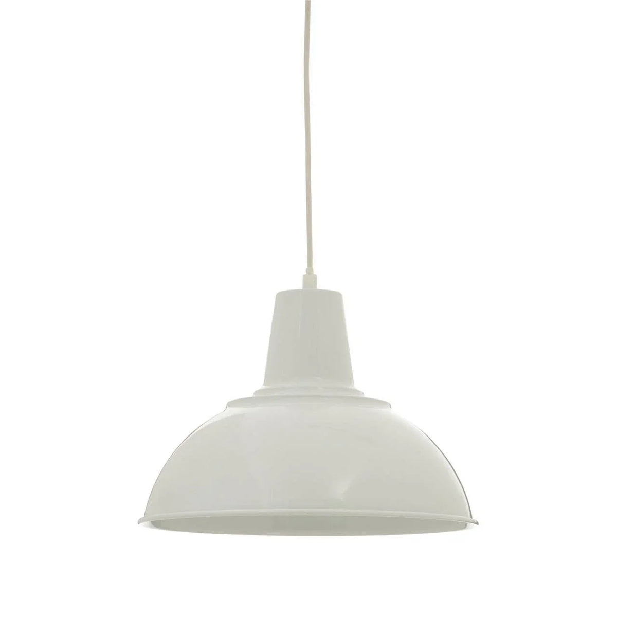 White metal pendant light with dome shade and exposed cord, suspended against white background