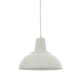 White metal pendant light with dome shade and exposed cord, suspended against white background