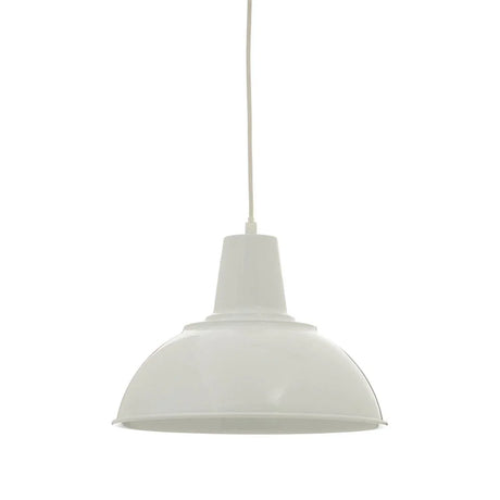White metal pendant light with dome shade and exposed cord, suspended against white background