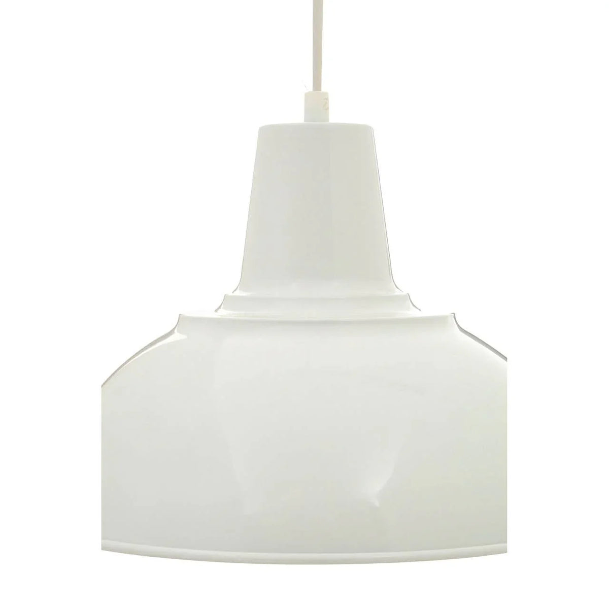 White metal pendant ceiling light with smooth finish, viewed from the front