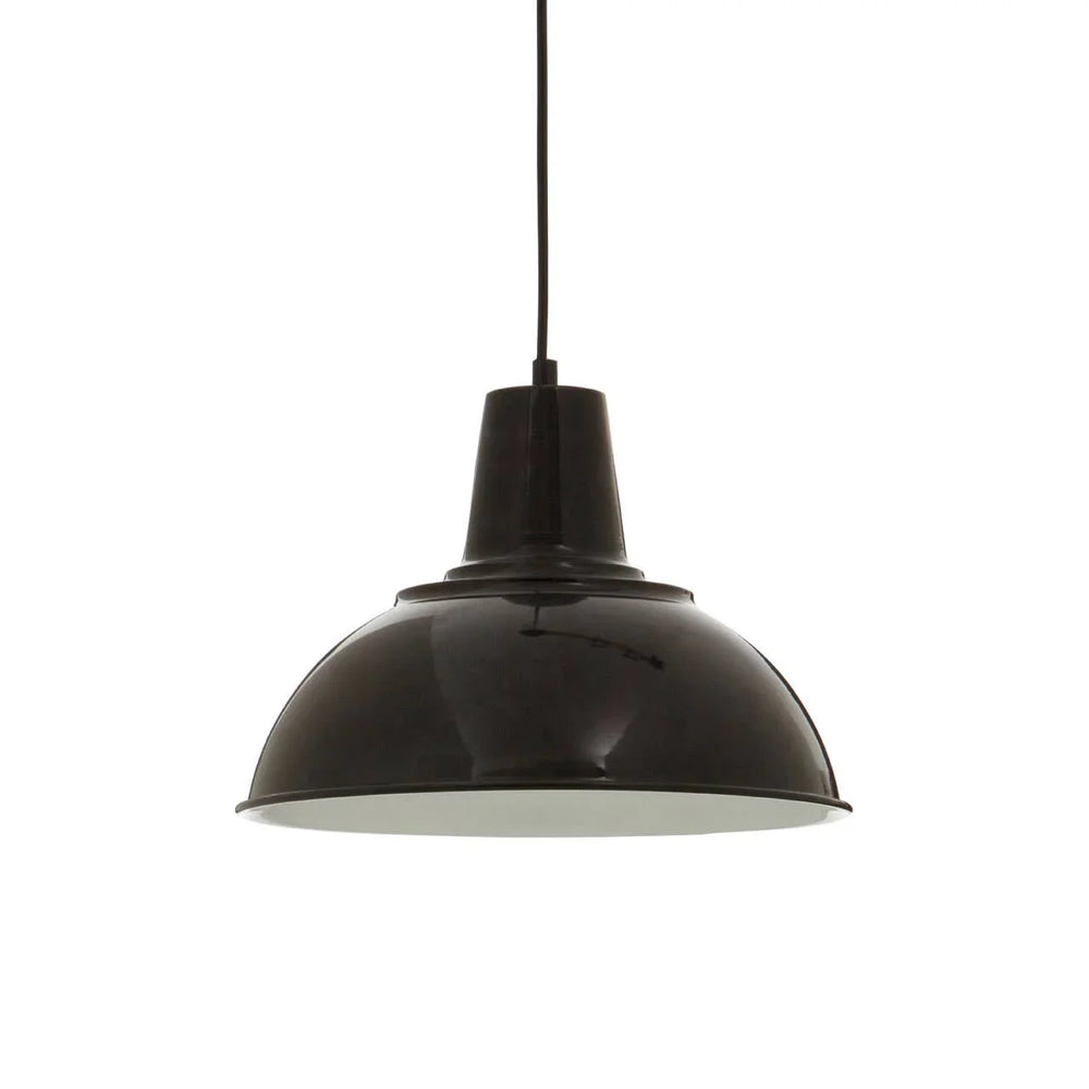 Black metal pendant light with dome shade and black cord, suspended against white background