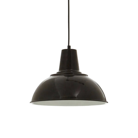 Black metal pendant light with dome shade and black cord, suspended against white background