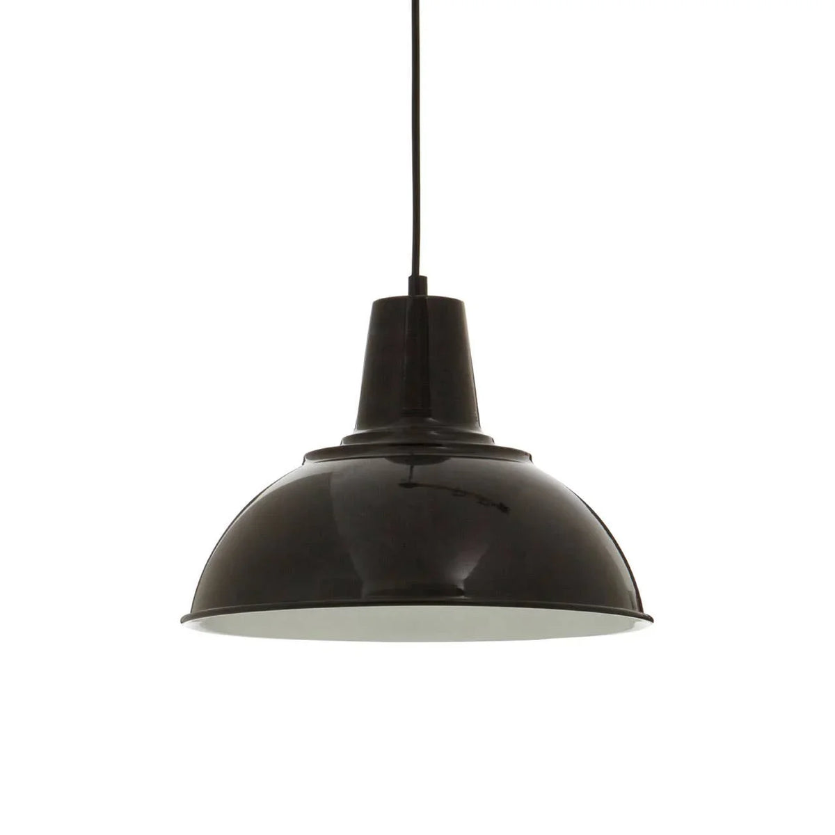 Black metal pendant light with dome shade and black cord, suspended against white background
