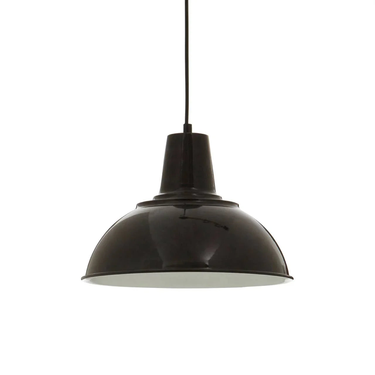 Black metal pendant light with dome shade and black cord, suspended against white background