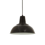 Black metal pendant light with dome shade and black cord, suspended against white background