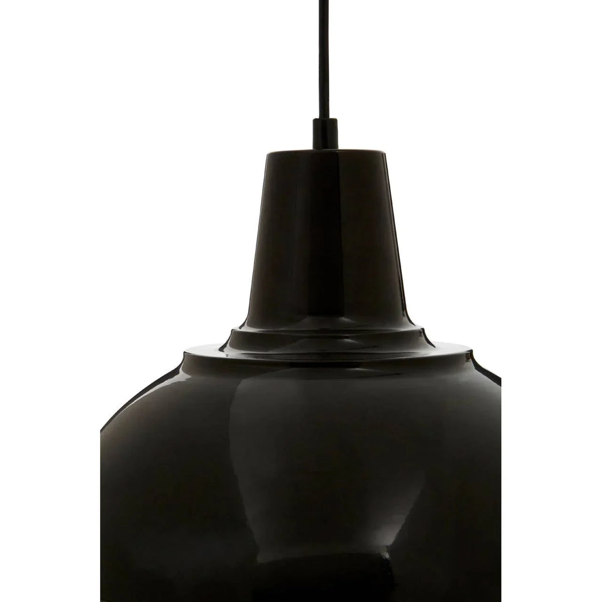 Black metal pendant light close-up showing glossy finish and hanging cord