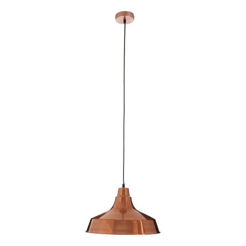 Copper pendant ceiling light with black cord and wide metal shade on white background