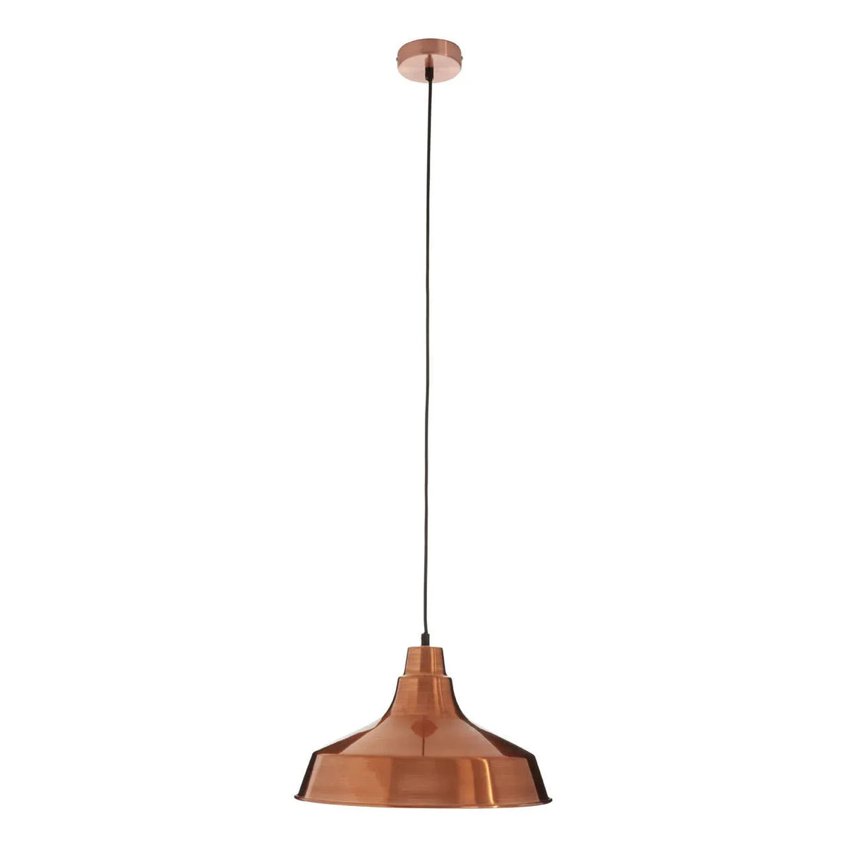 Copper pendant ceiling light with black cord and wide metal shade on white background