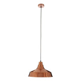 Copper pendant ceiling light with black cord and wide metal shade on white background