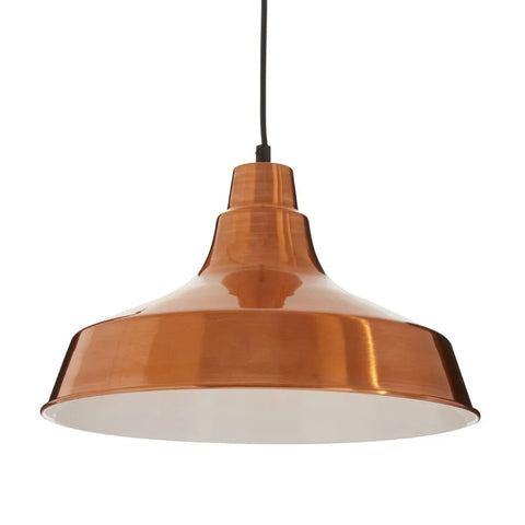 Copper pendant ceiling light with wide dome shade and black cord