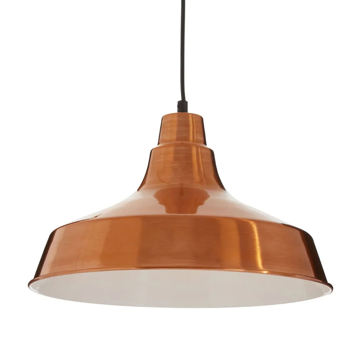 Copper pendant ceiling light with wide dome shade and black cord