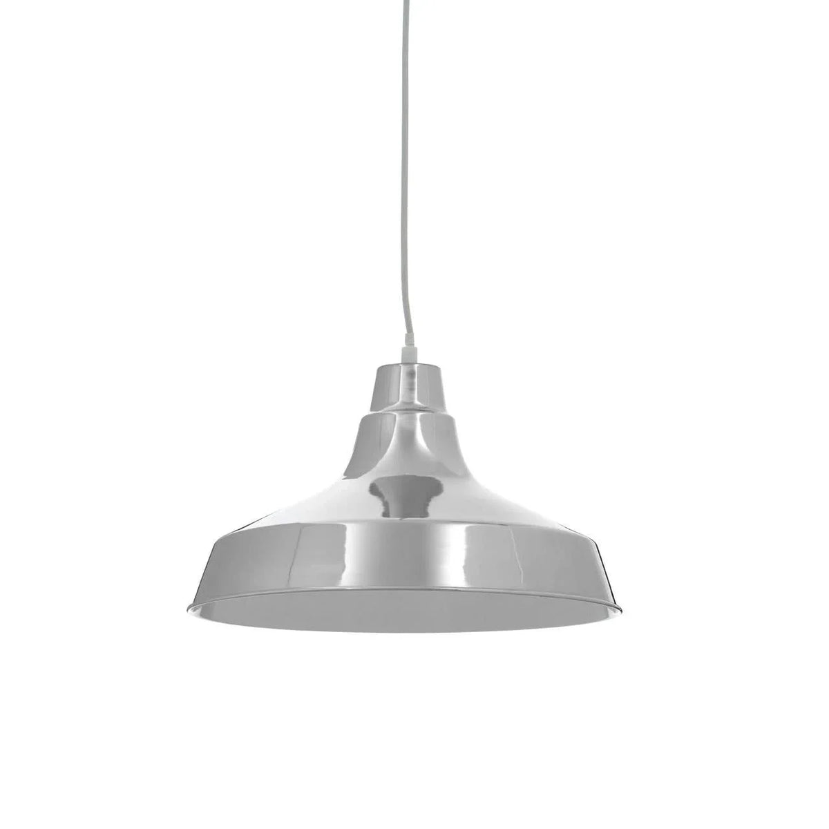 Chrome metal pendant ceiling light with wide shade and white cord, front view