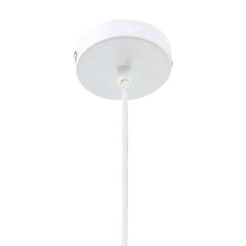 White pendant light ceiling rose with cable, close-up view of modern fixture mount