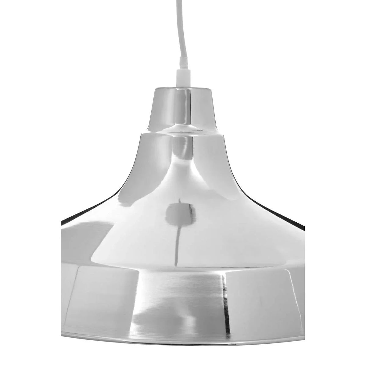 Brushed metal pendant light shade with glossy finish and white cord, close view