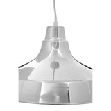 Brushed metal pendant light shade with glossy finish and white cord, close view