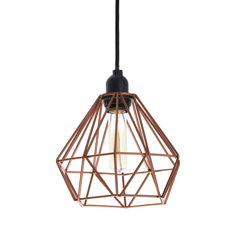 Copper geometric pendant light with exposed bulb and black cord, front view