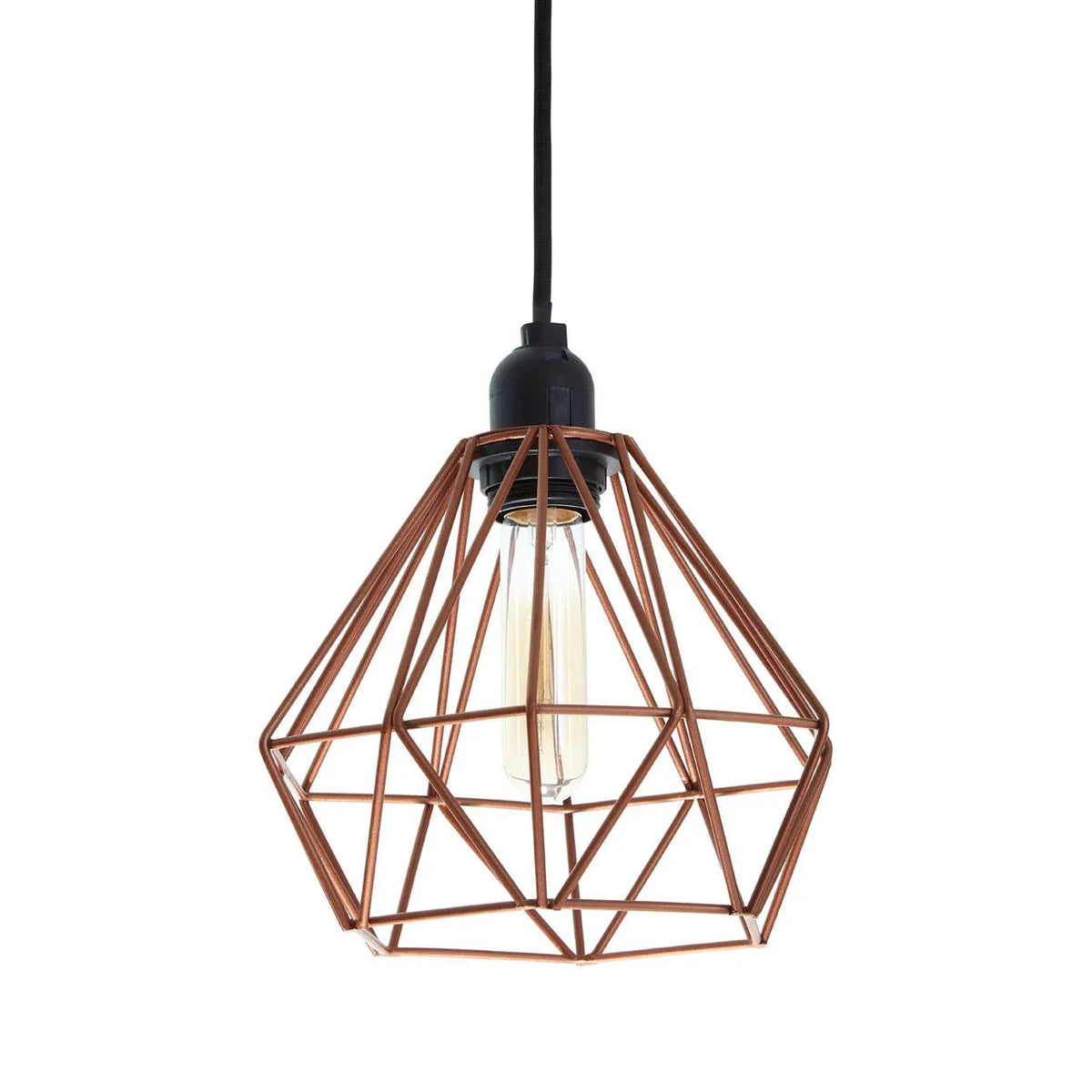 Copper geometric pendant light with exposed bulb and black cord, front view