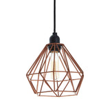 Copper geometric pendant light with exposed bulb and black cord, front view