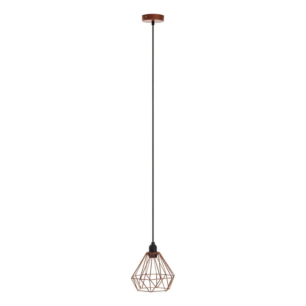 Geometric copper cage pendant light with black cable and ceiling fitting