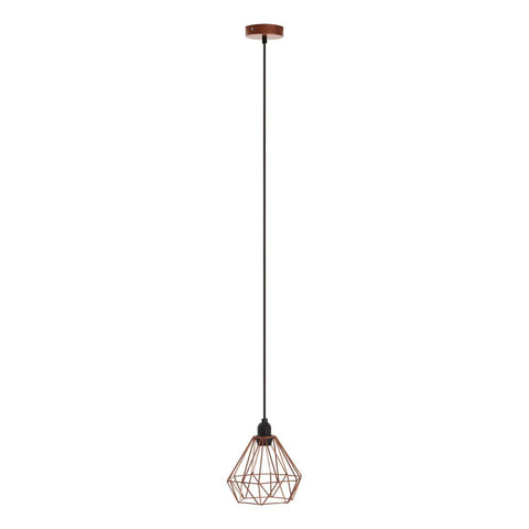 Geometric copper cage pendant light with black cable and ceiling fitting