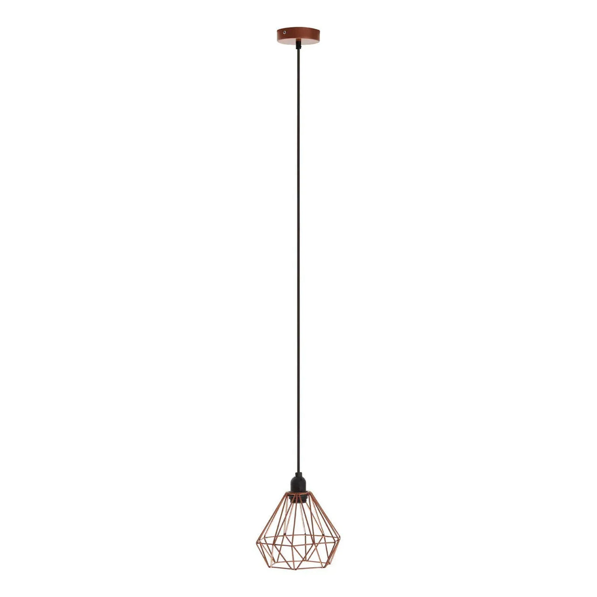 Geometric copper cage pendant light with black cable and ceiling fitting