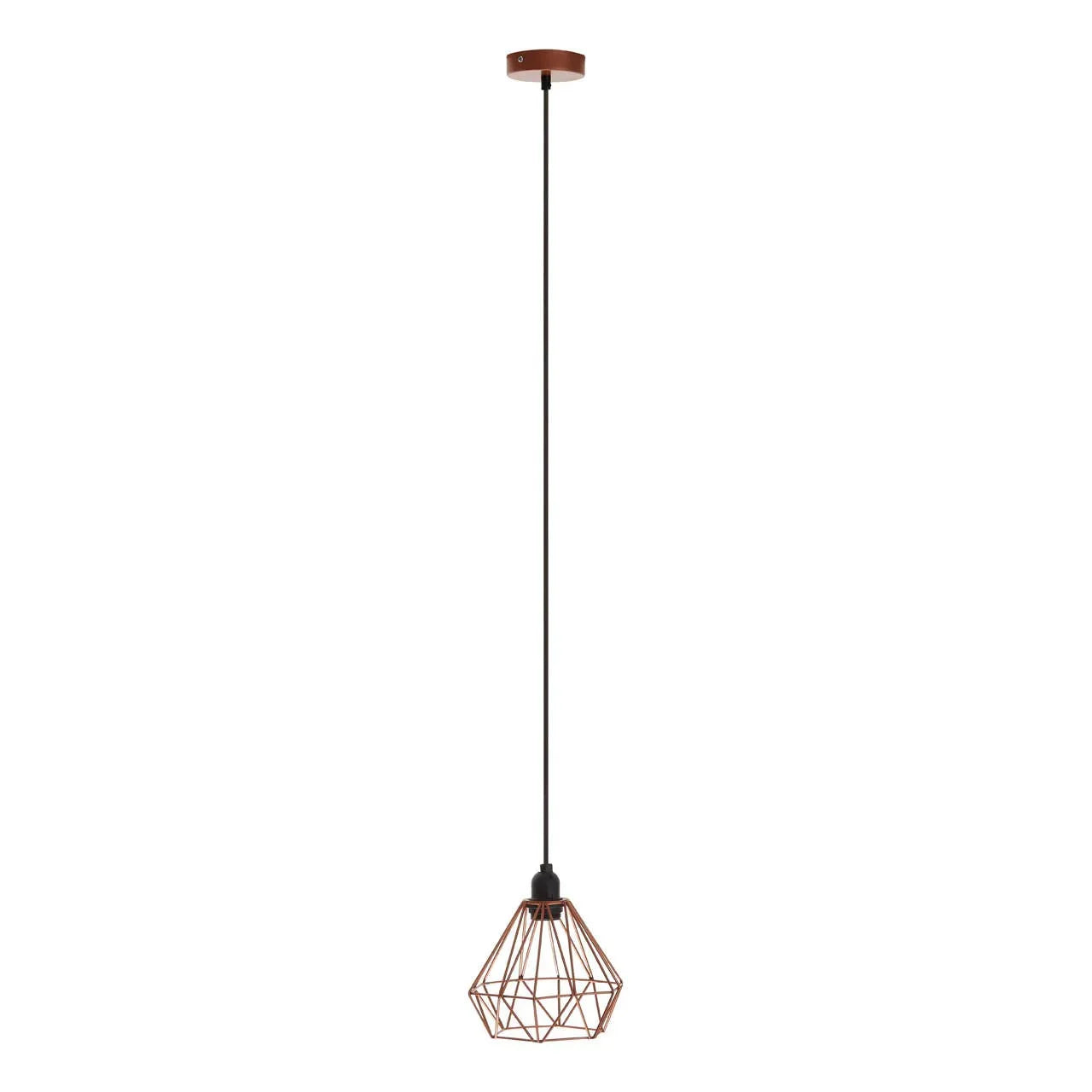 Geometric copper cage pendant light with black cable and ceiling fitting