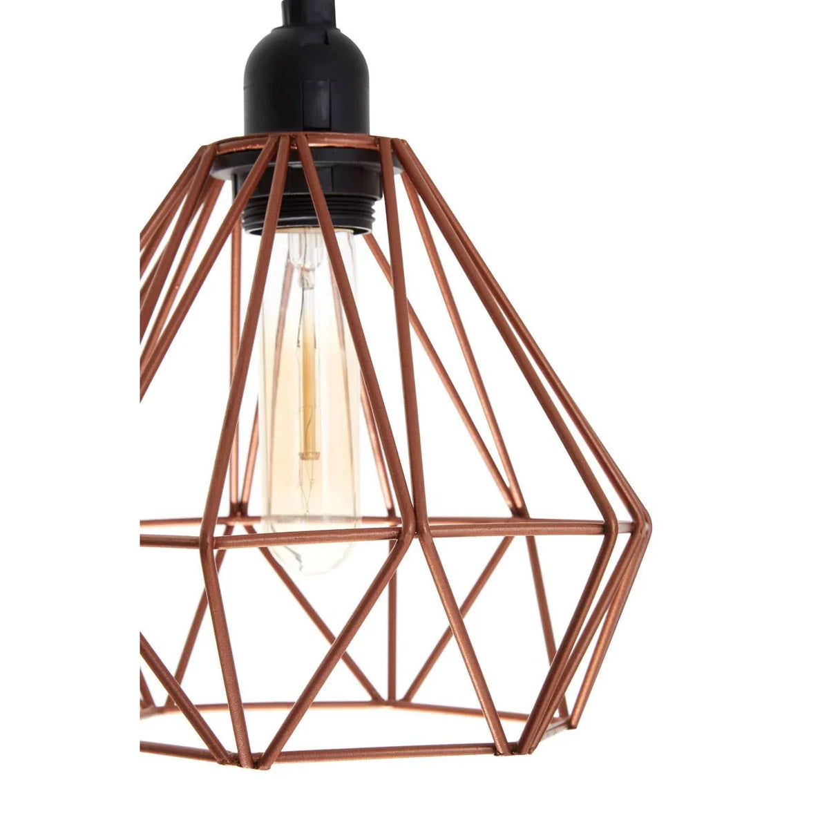 Copper geometric pendant light with exposed bulb and black fitting