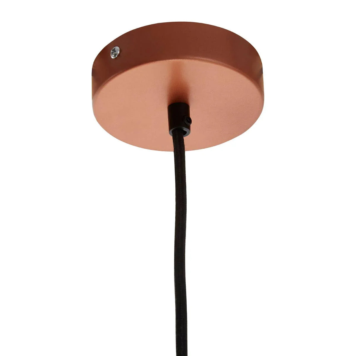 Copper ceiling rose with black pendant light cable and screw fitting, close-up view