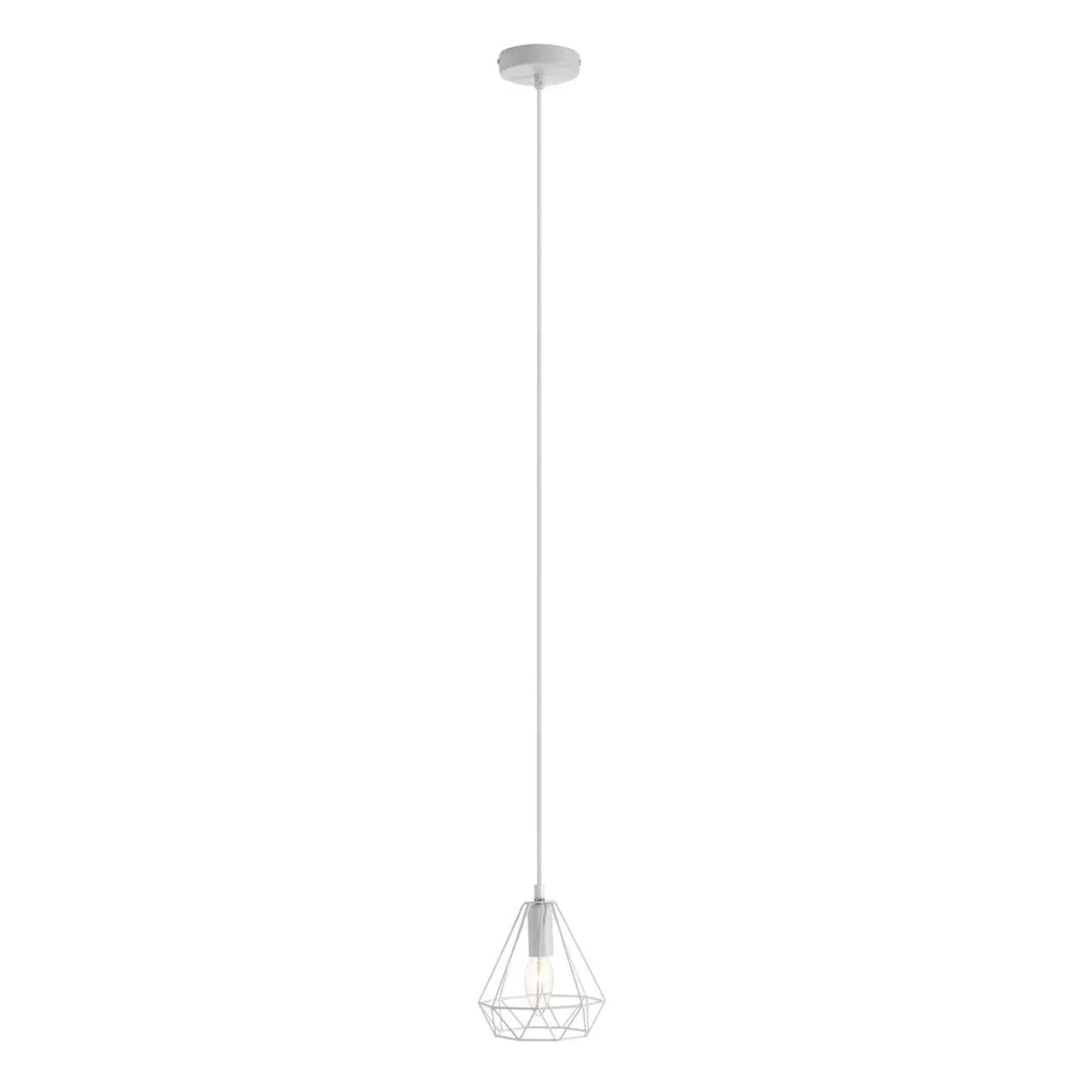 White pendant light with geometric wire cage shade and exposed bulb hanging from ceiling