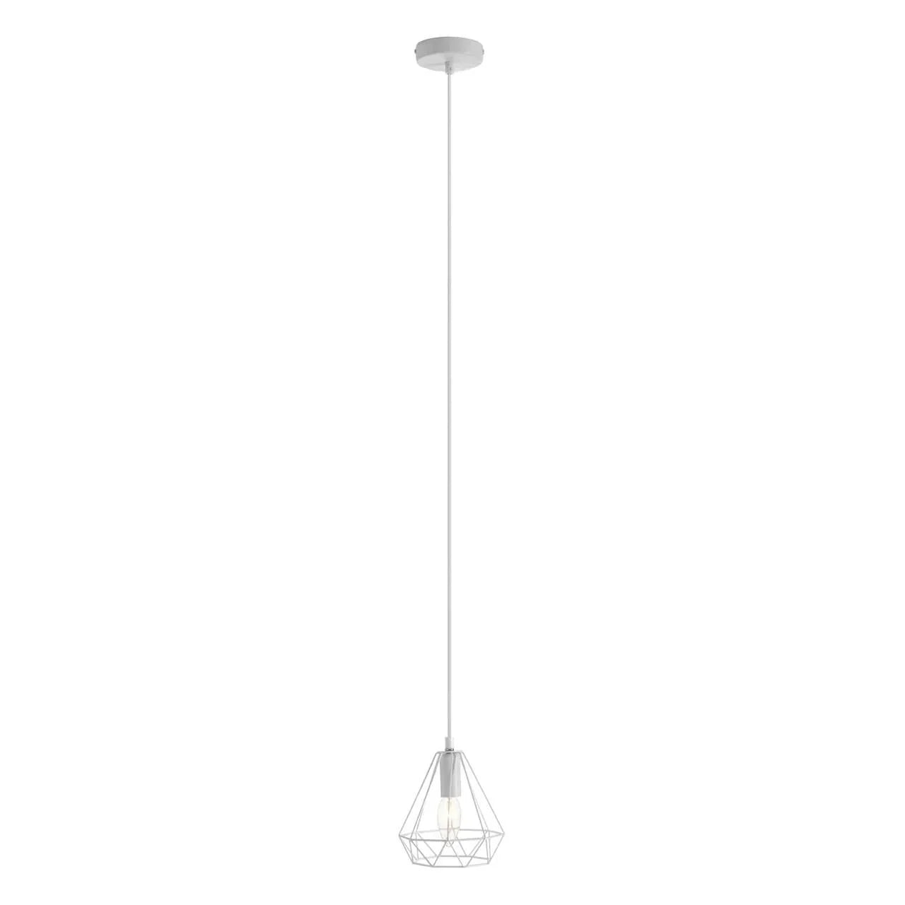 White pendant light with geometric wire cage shade and exposed bulb hanging from ceiling