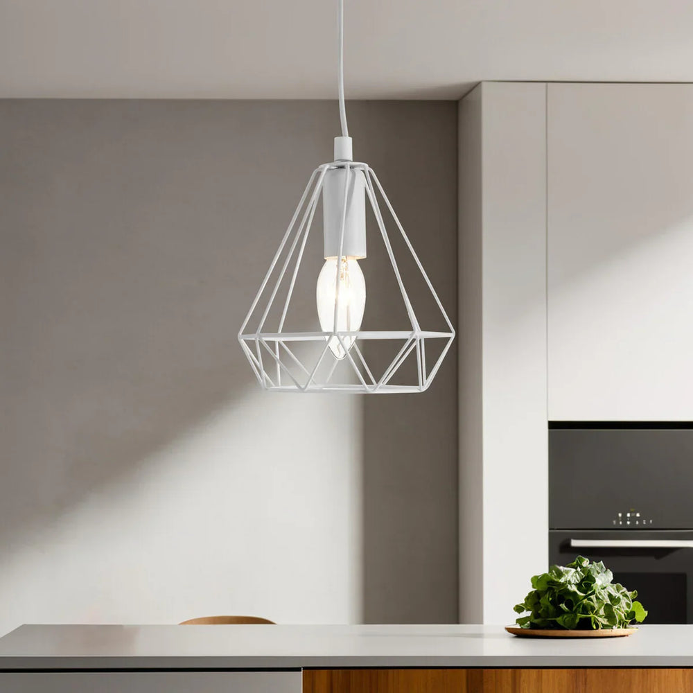 White geometric pendant light over modern kitchen island with green plant decor
