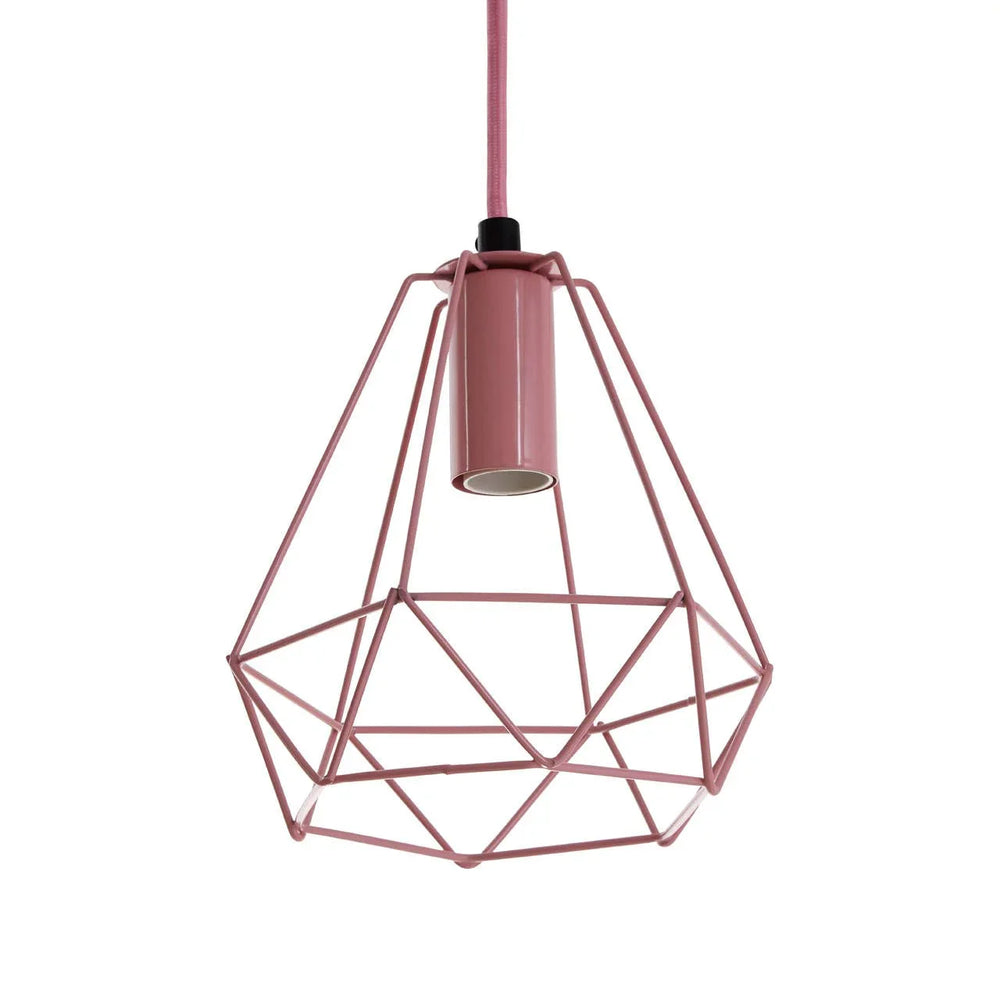 Pink geometric metal pendant light fitting with exposed bulb holder and matching cord