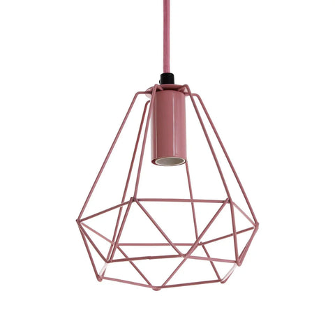Pink geometric metal pendant light fitting with exposed bulb holder and matching cord