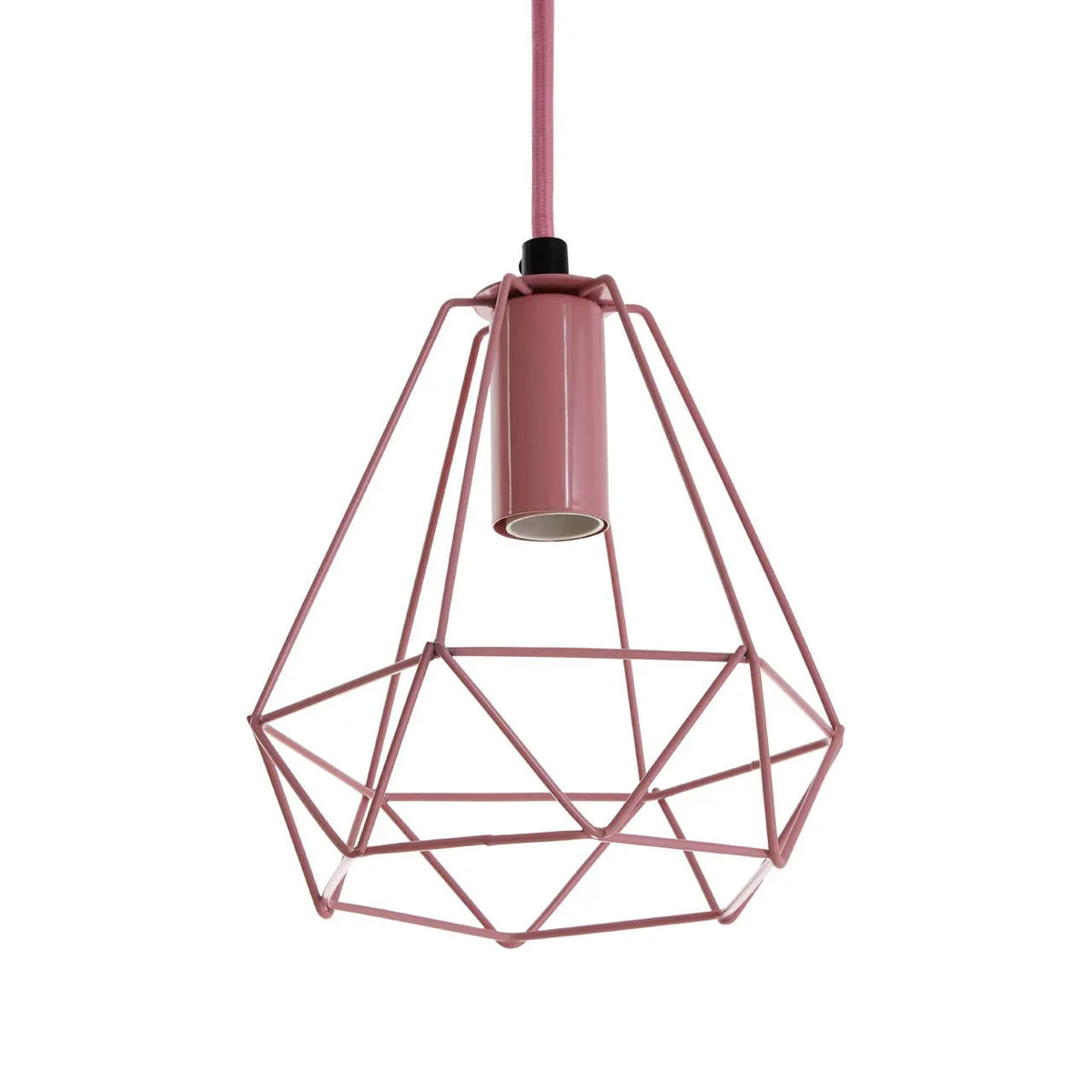 Pink geometric metal pendant light fitting with exposed bulb holder and matching cord