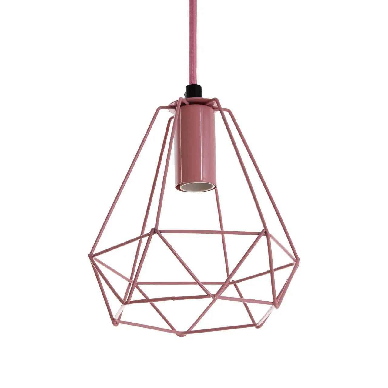 Pink geometric metal pendant light fitting with exposed bulb holder and matching cord