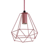 Pink geometric metal pendant light fitting with exposed bulb holder and matching cord