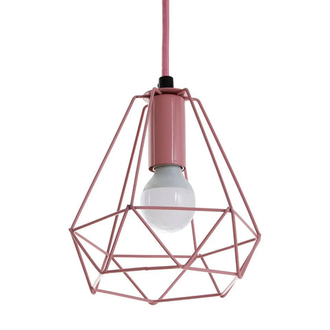 Pink geometric metal pendant light with exposed bulb and matching pink cord