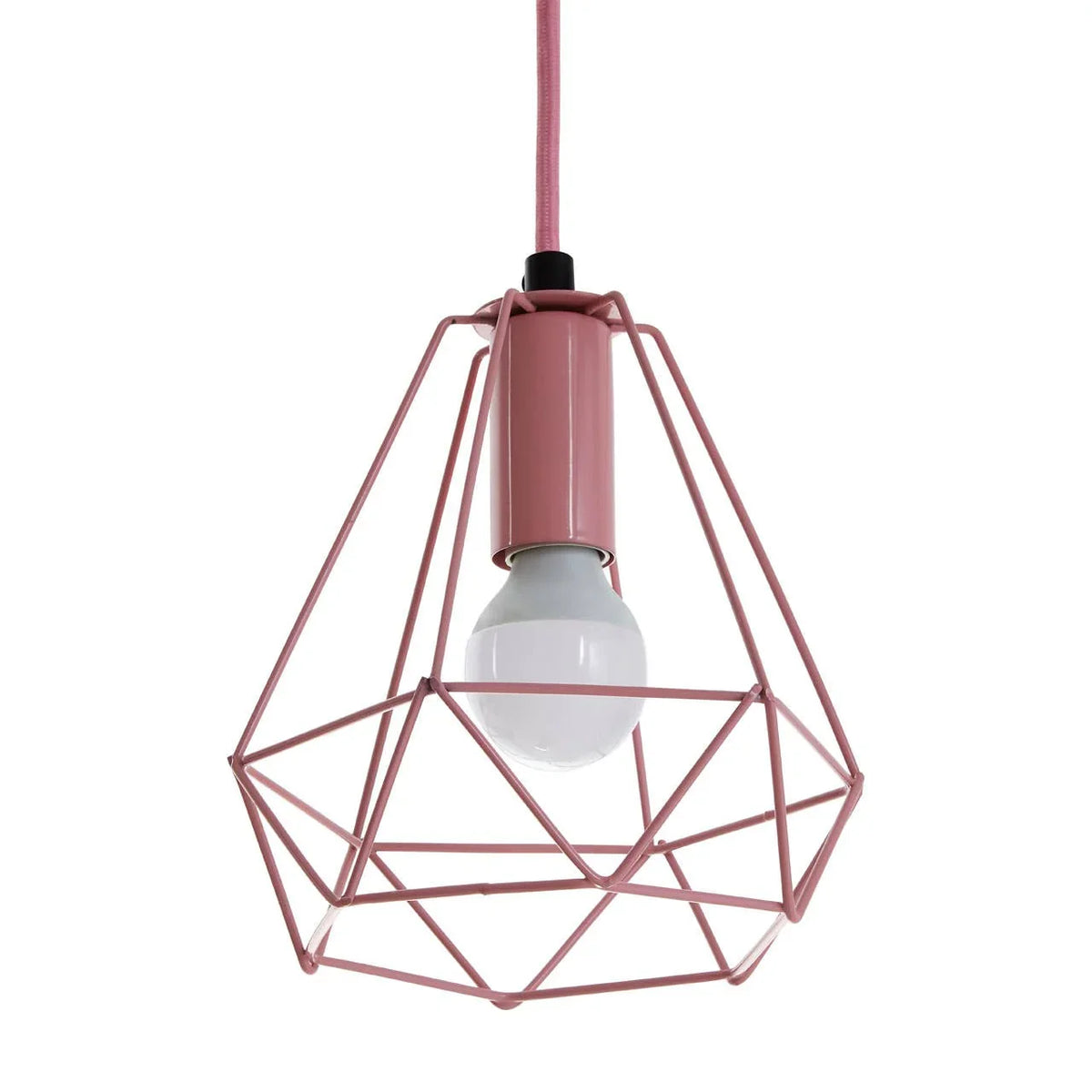 Pink geometric metal pendant light with exposed bulb and matching pink cord