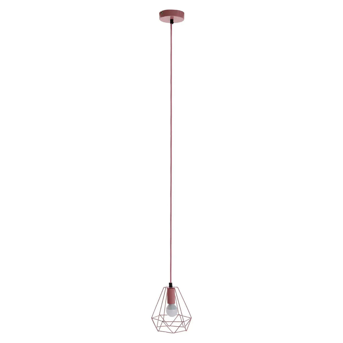 Rose gold geometric pendant ceiling light with exposed bulb and long cord