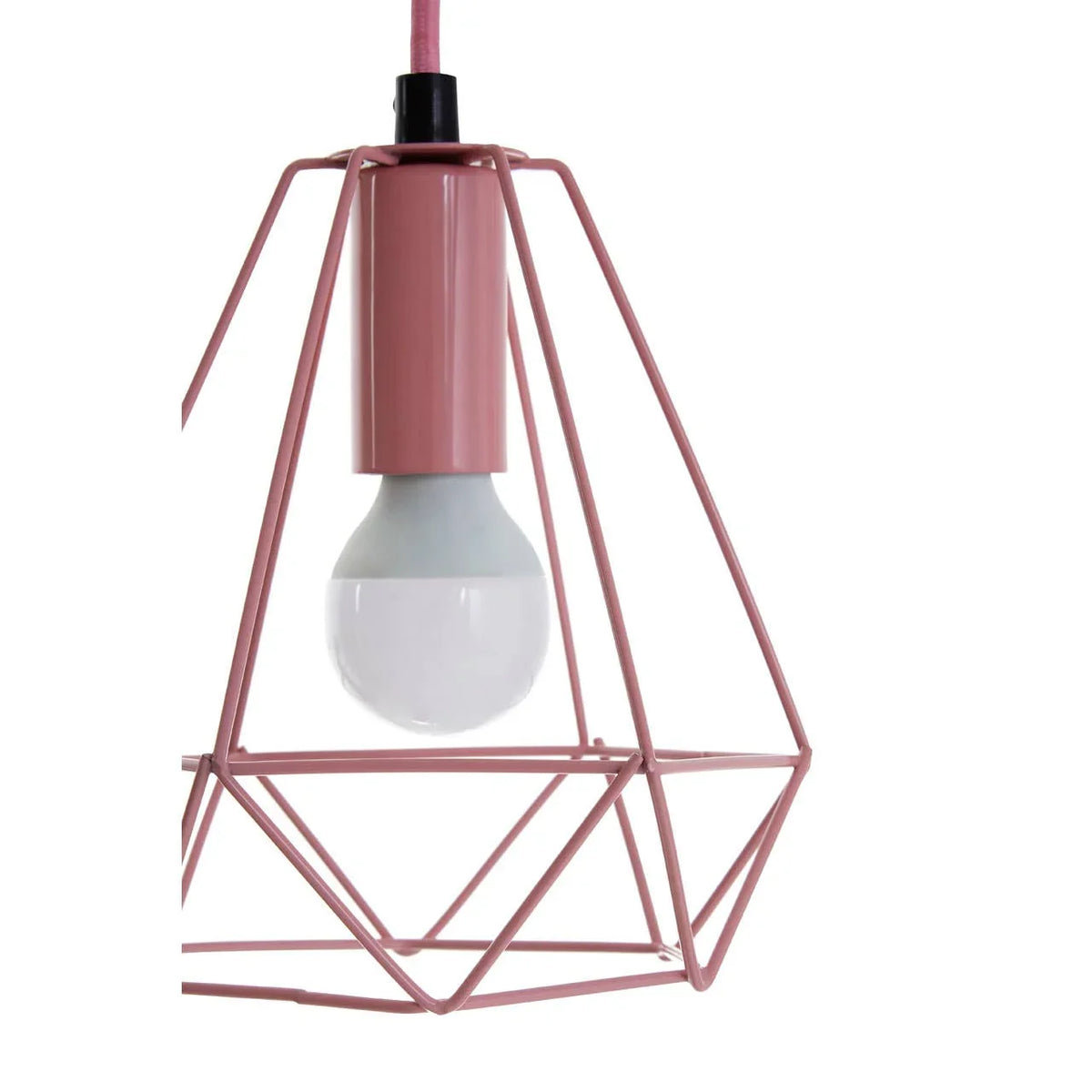 Pink metal geometric pendant light with exposed bulb and open frame design
