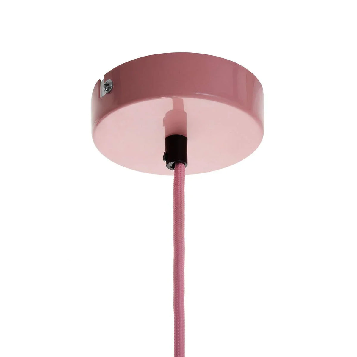 Pink ceiling light canopy with matching fabric cable and metal fixings
