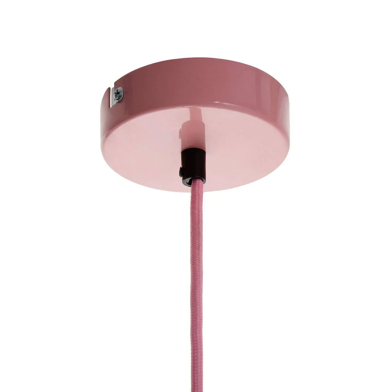 Pink ceiling light canopy with matching fabric cable and metal fixings