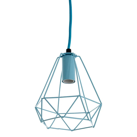 Blue geometric metal pendant light with open frame design and matching cord