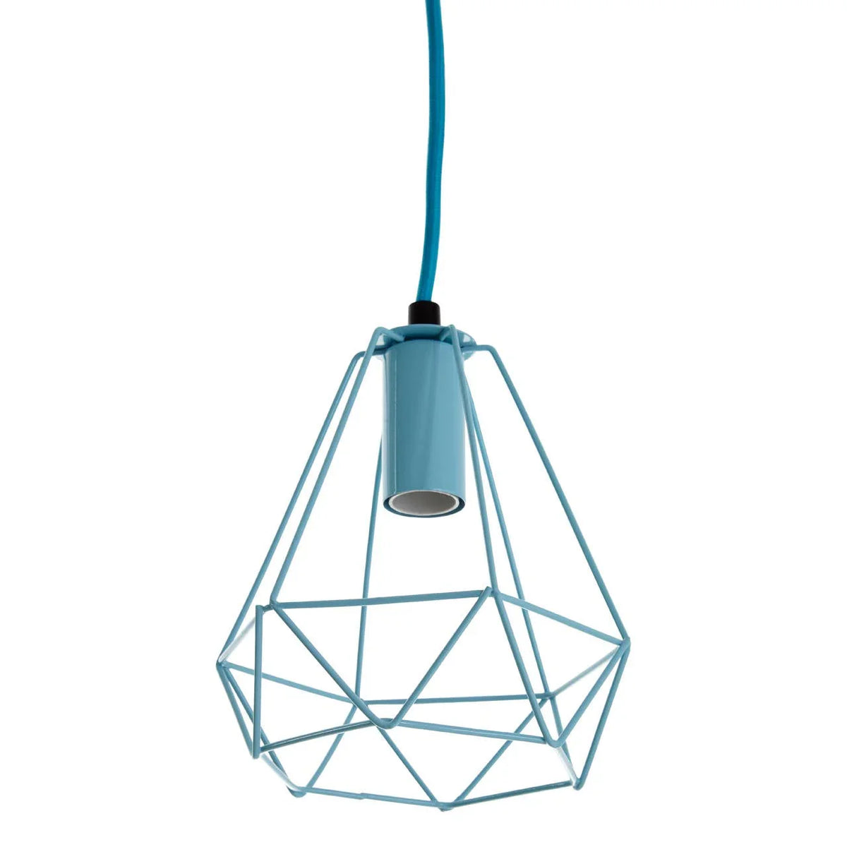 Blue geometric metal pendant light with open frame design and matching cord
