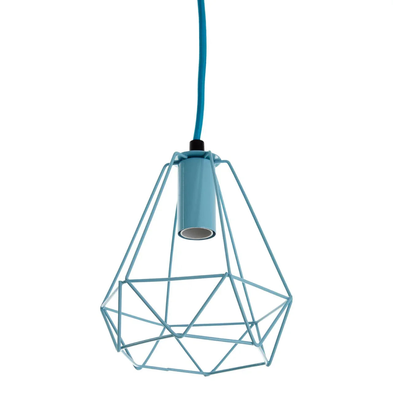 Blue geometric metal pendant light with open frame design and matching cord