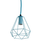 Blue geometric metal pendant light with open frame design and matching cord
