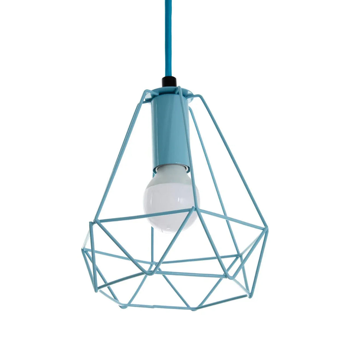Blue geometric metal pendant ceiling light with exposed bulb