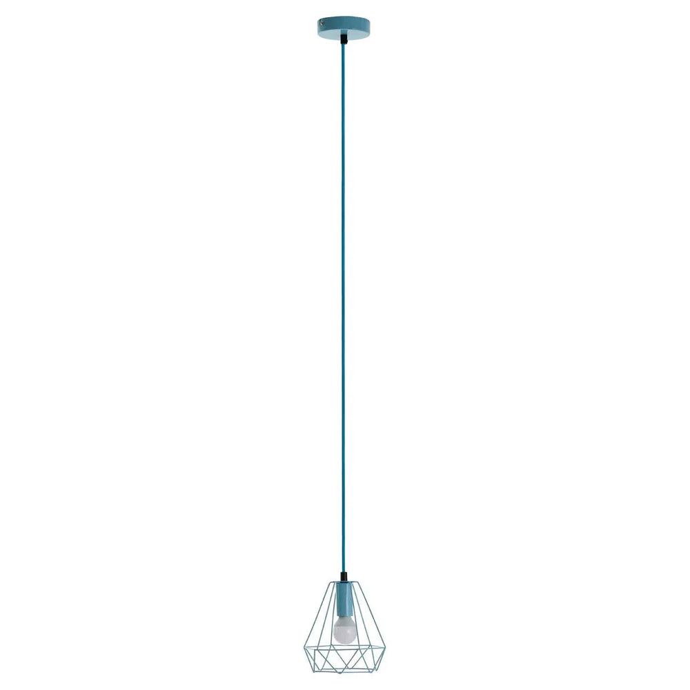 Modern pendant ceiling light with blue cable and geometric wire metal shade